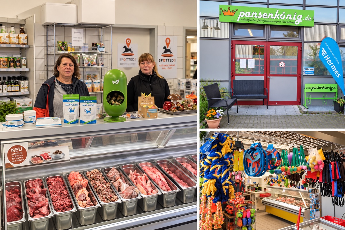 Fotocollage: Pansenkönig-Team an der Theke, Ladeneingang und buntes Sortiment